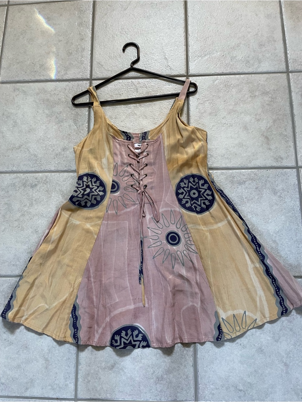New Ladies Pink and Orange Boho Lace-Up Mini Sundress size M/L